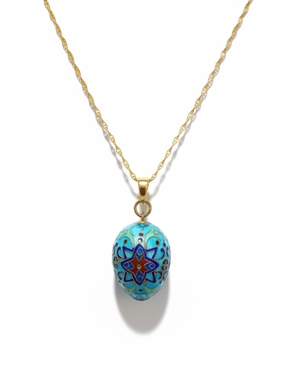 18K GF Gold Chain Necklace with Turquoise Cloisonné Egg Pendant